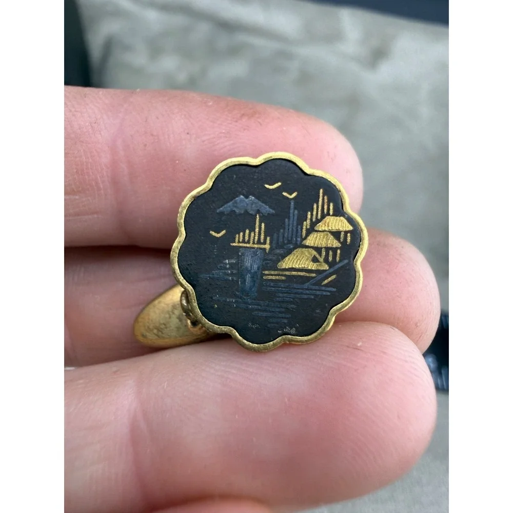 Vintage Japanese Damascene Cufflinks Set of 3 Gold Tone